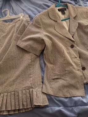 Stanley Blacker Brown & White Striped Two-Piece Skirt Suit